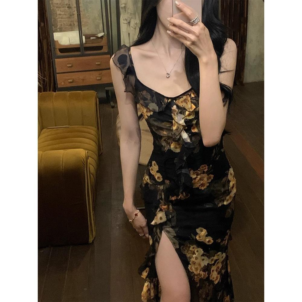 Blumenkleid Damen Sommer Slim-Fit Hüftumspielender Trägerrock