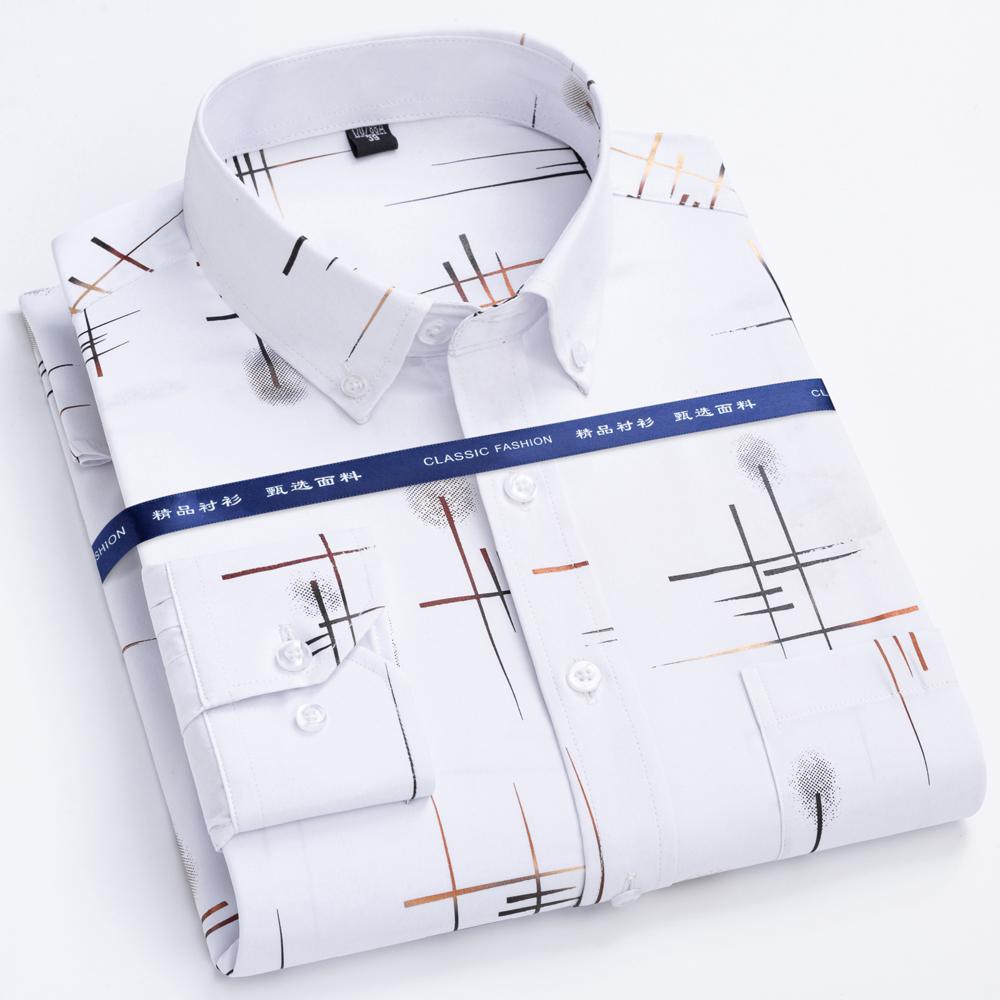 Men's Business Casual Hot Stamping Striped Print Dress Shirt, Slightly Stretch Unique Buttoned Collar Long Sleeve Pocket Shirts