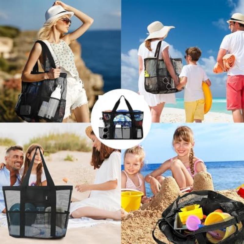 FaJoek Große Netz-Strandtasche Faltbare Strandtasche für Damen, Sandspielzeug-Netzbeutel Tragbarer Netz-Strandspielzeug-Träger