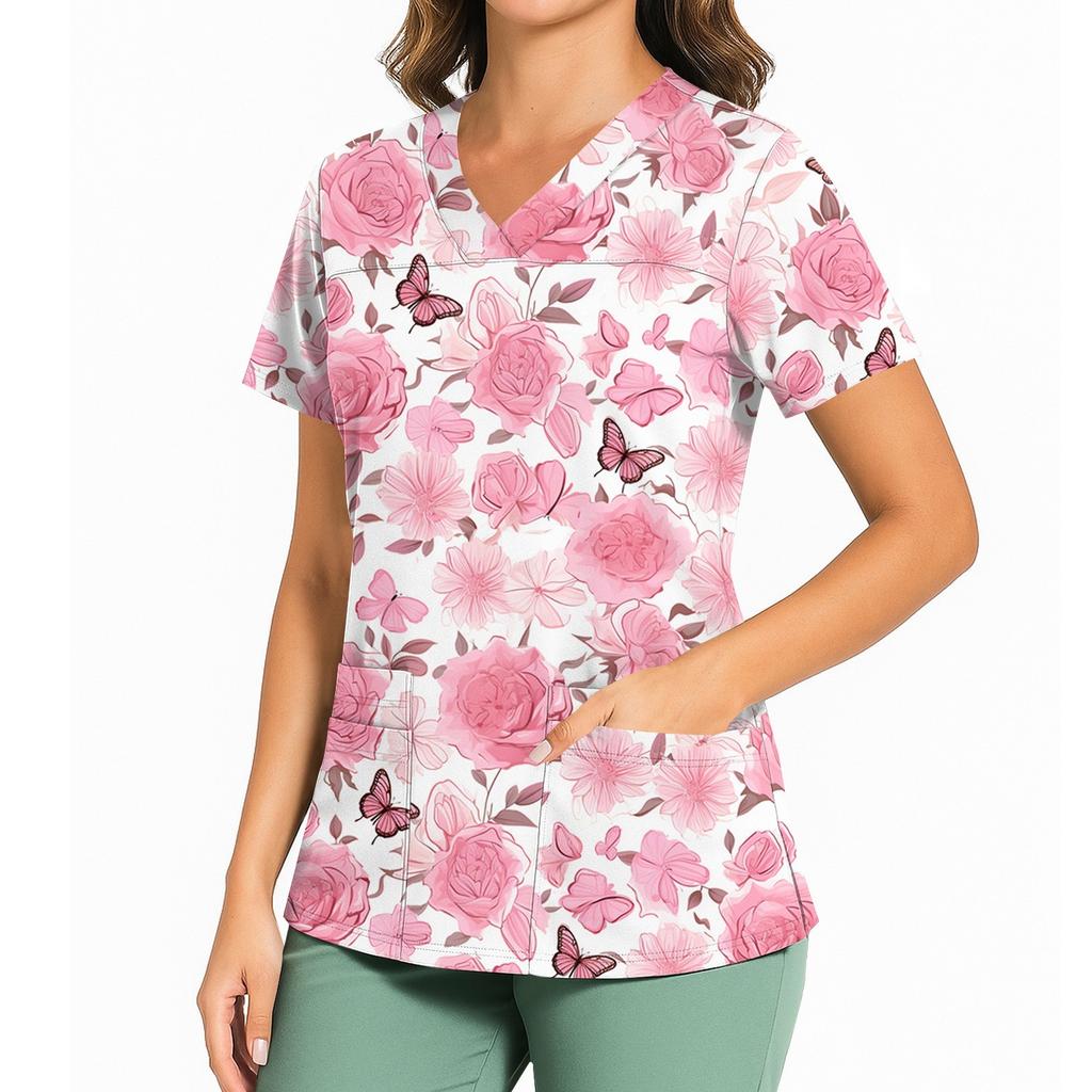 Women's Floral Print V Neck Medical Scrub Top with Side Slits Short Sleeve Professional Nurse Uniform Shirt for Healthcare Workers