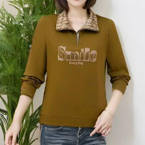 2024 Autumn Women's Letter Zipper Lapel Sweatshirt - Mom-Style Long Sleeve with Sparkling Details