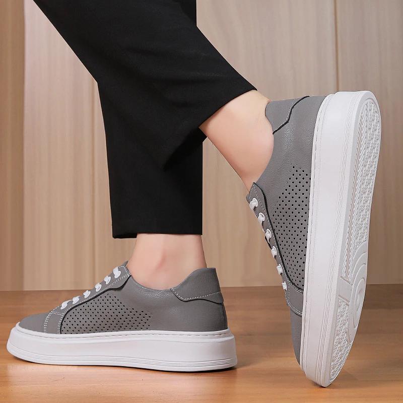 Fashion Summer Mens Flat Designer Non-Slip Hollow Out Board Shoes Lightweight Breathable Genuine Leather Sneakers for Daily Walking Shoe