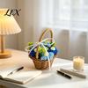 Gift for Chinese Valentine's Day Hand Knitted Wool Flower Basket, Decorative Mini Crocheted Floral with Small Woven Basket Photos Ribbon, Plant