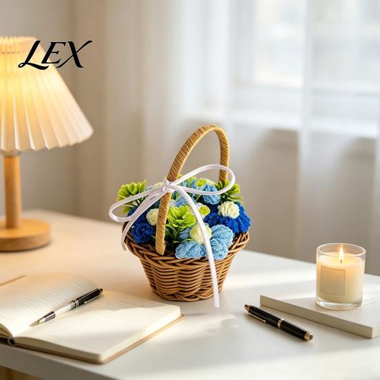 Gift for Chinese Valentine's Day Hand Knitted Wool Flower Basket, Decorative Mini Crocheted Floral with Small Woven Basket Photos Ribbon, Plant