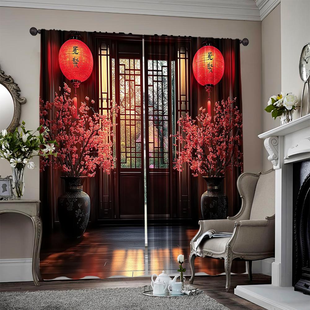 

Flat Curtains Chinese Traditional Style Durable Polyester Fabric Without Electricity Festive Holiday Applies Set Of 2 Made W100*H70(CM)-Hooks&1PCS
