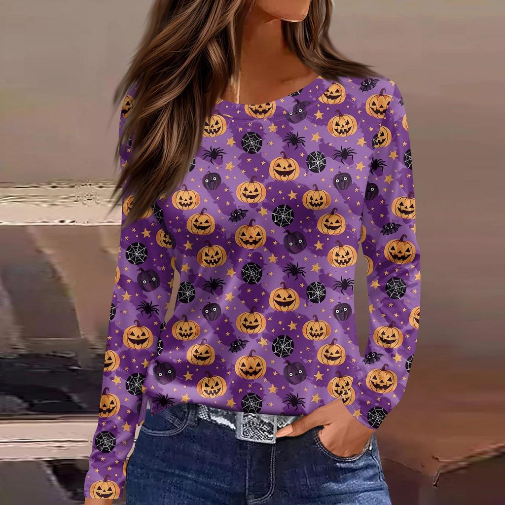 Women's Fashion Hem Slit Casual Halloween Printed Round Neck Long Sleeve Top