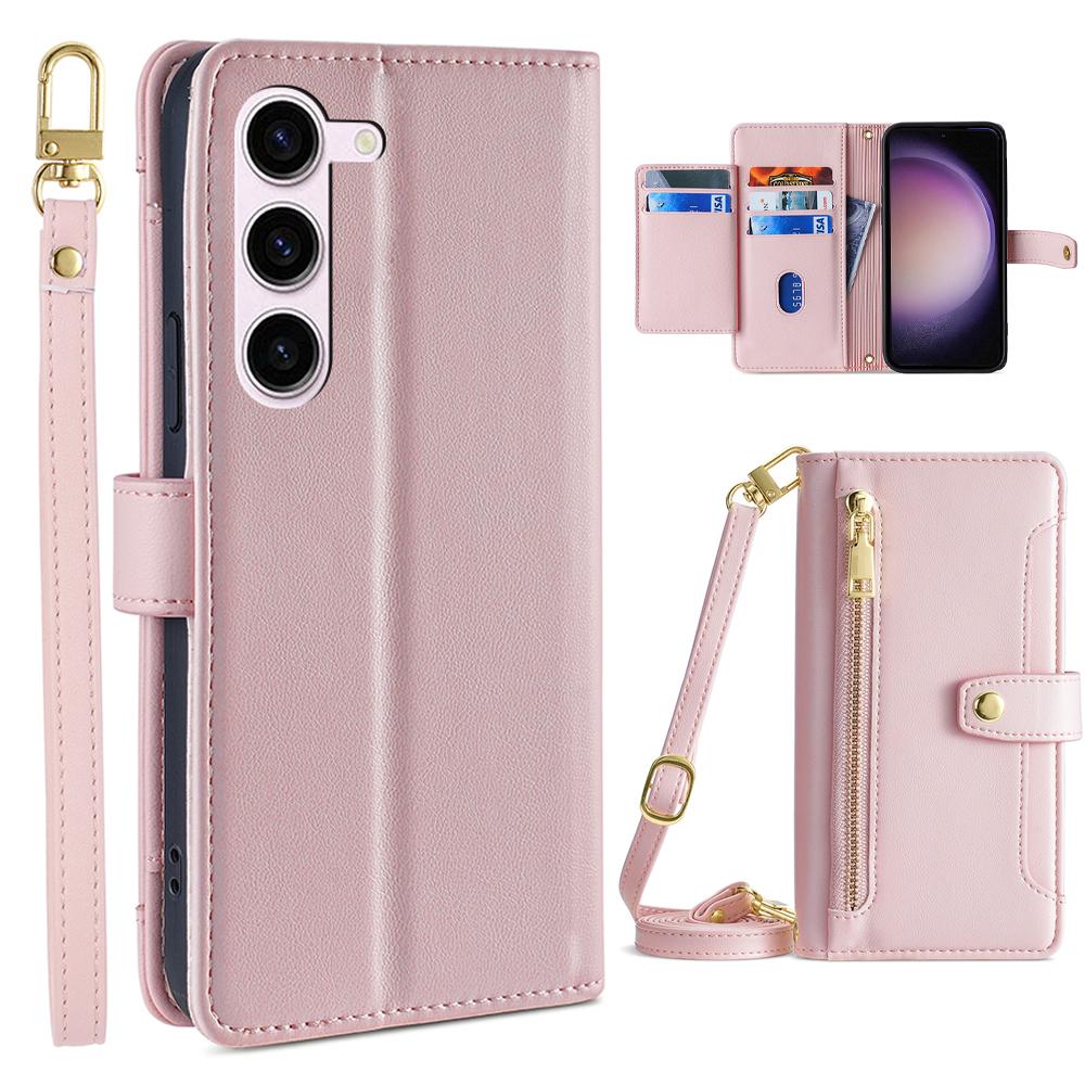 Zipper Pocket Phone Case for Samsung Galaxy S23 Card Slots Stand PU Leather Phone Cover with Straps