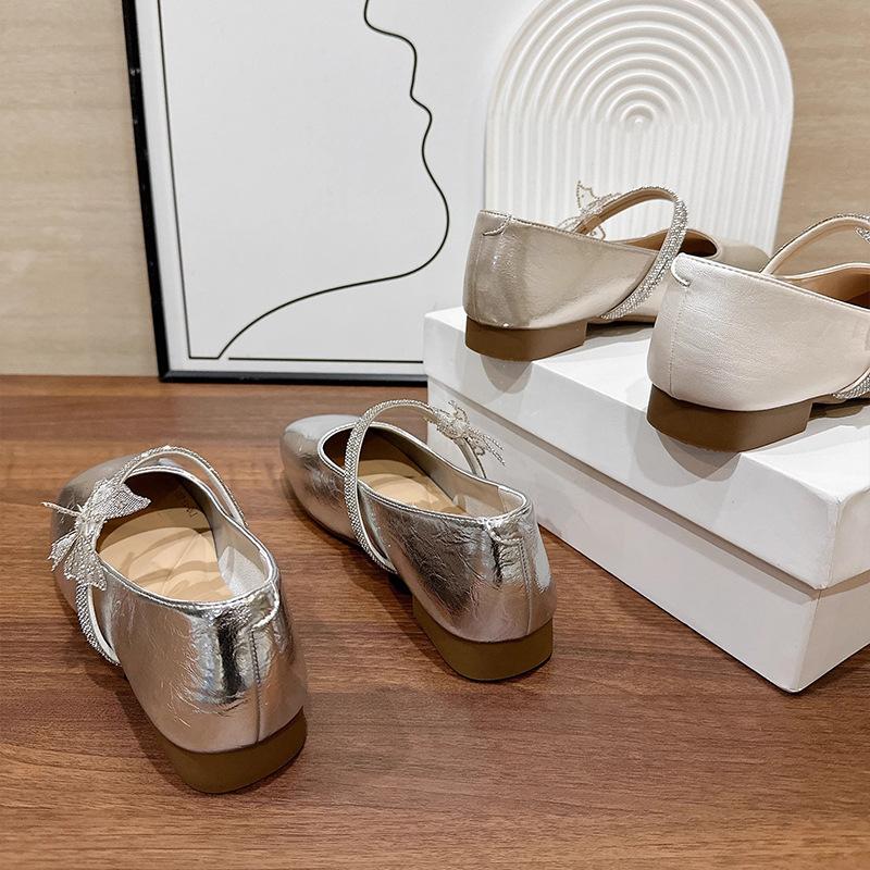 Versatile French silver Mary Jane shoes women's 2025 summer new rhinestone light mouth single shoes flat-soled small leather shoes
