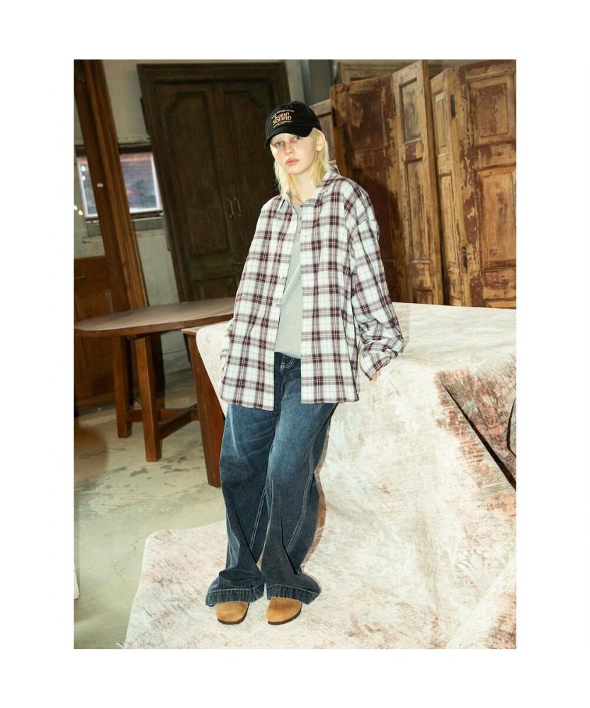 Saendeusaundeu (Unisex) Big Check Oversized Shirt Wine