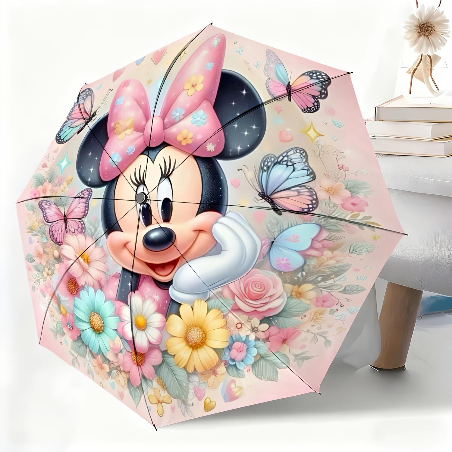 

1pc Disney Licensed Minnie Cartoon Flower Butterfly Automatic Umbrella | All-Weather, Portable Folding Umbrella, Ideal For Chr (as the picture,Iron&8K)