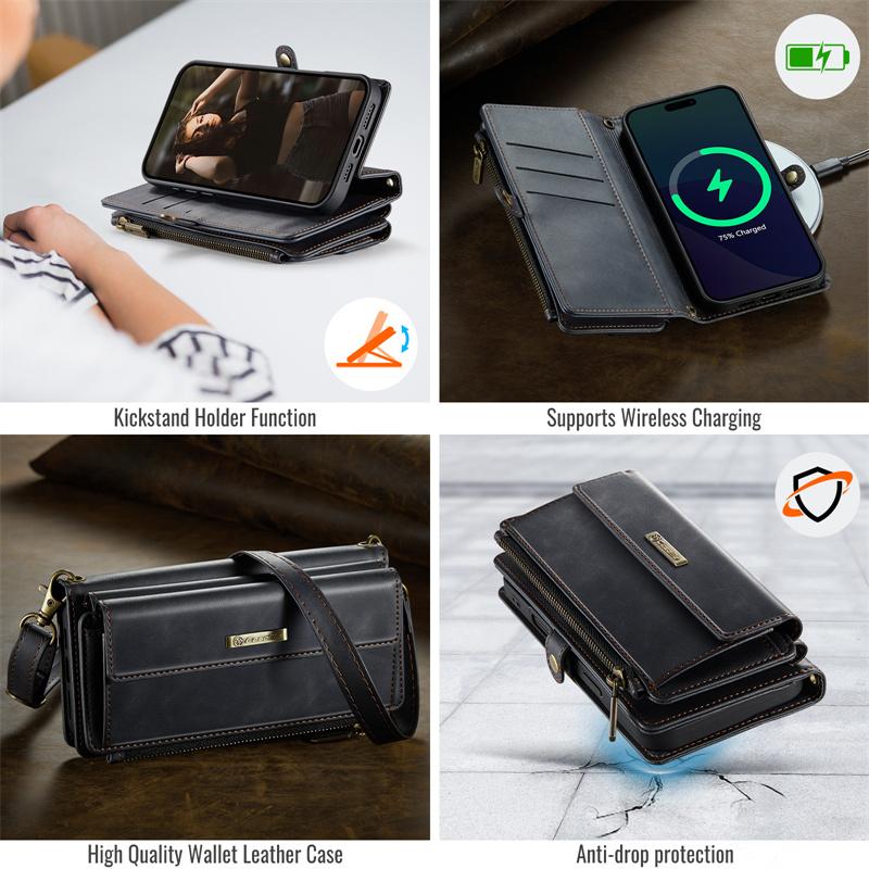 CaseMe Flip Leather Phone Case for iPhone 17 Pro Max Air 16 Plus 16E 15 14 13 Mini 12 11 X XS XR SE 2022 8 Long Lanyard Zipper Wallet Multi Card Cover