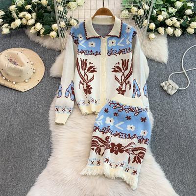 Herbst Winter Damen Vintage Tulpen Jacquard Strickpullover Zweiteiler Einfach geknöpfte Strickjacken und Mini Faltenrock Outfits
