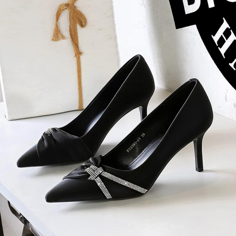 

Мода Европейская и Американская Мода Банкет Туфли на Высоком Каблуке Супер Высокий Каблук Мелкий Мысок Острый Носок Стразы Бант Женские Одинарные Туфли 36