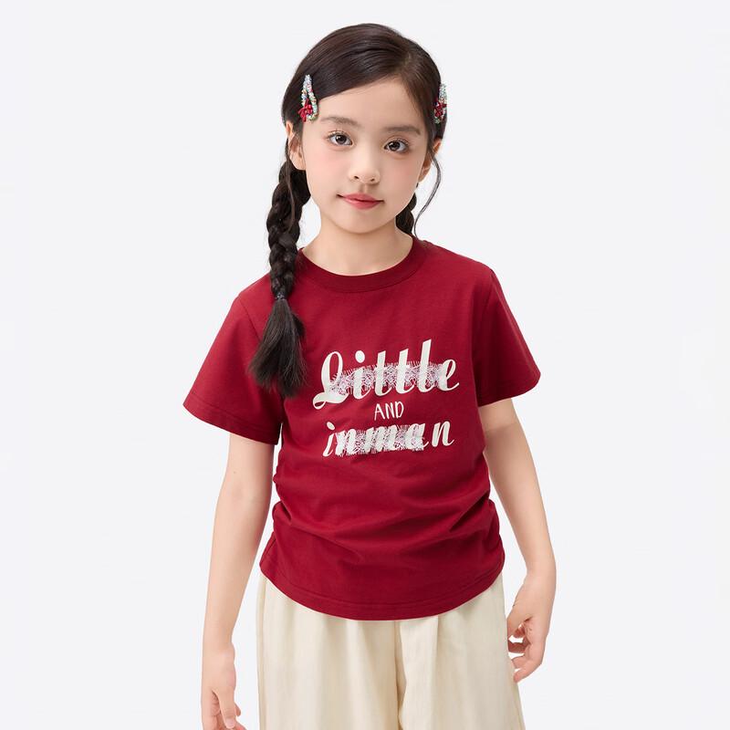 Xiaoyinman Girls  Lace Letter Print Round Neck Short Sleeve T-shirt 120