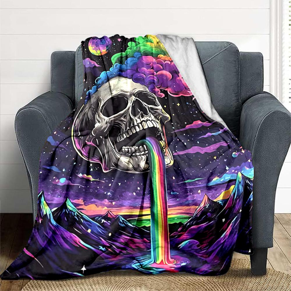 1pc Skull Rainbow Blanket, Lightweight Flannel Throw Blanket For Sofa, Bed, Travel221