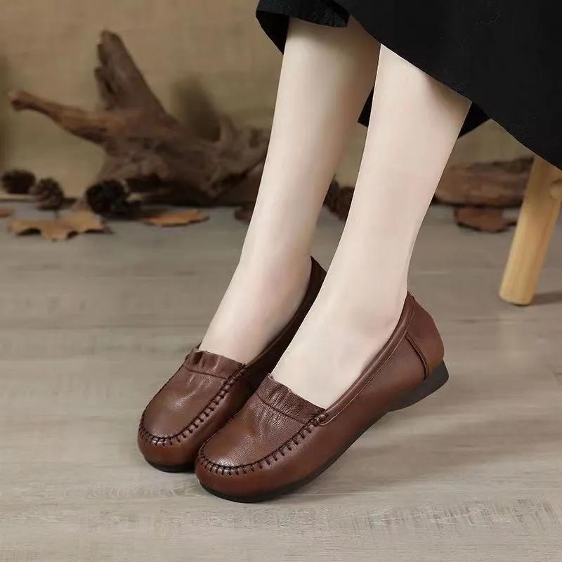 Peas Shoes Fashion Flat-bottomed Soft Leather Single Shoes Spring and Autumn Round Toe Mother Leather Shoes