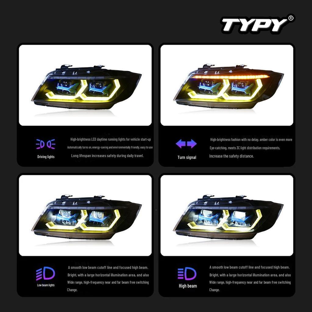 BMW 3 Series E90 LED Headlights: Fits '05-'12, with RGB Daytime Running Lights & Flowing Turn Signals.