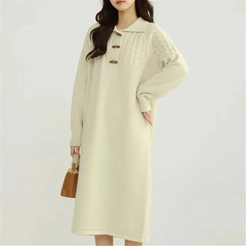 

Свитер с косами, платье средней длины, женский лацкан, осень и зима, свободный ленивый стиль, темпераментное тонкое универсальное вязаное платье one size fits all