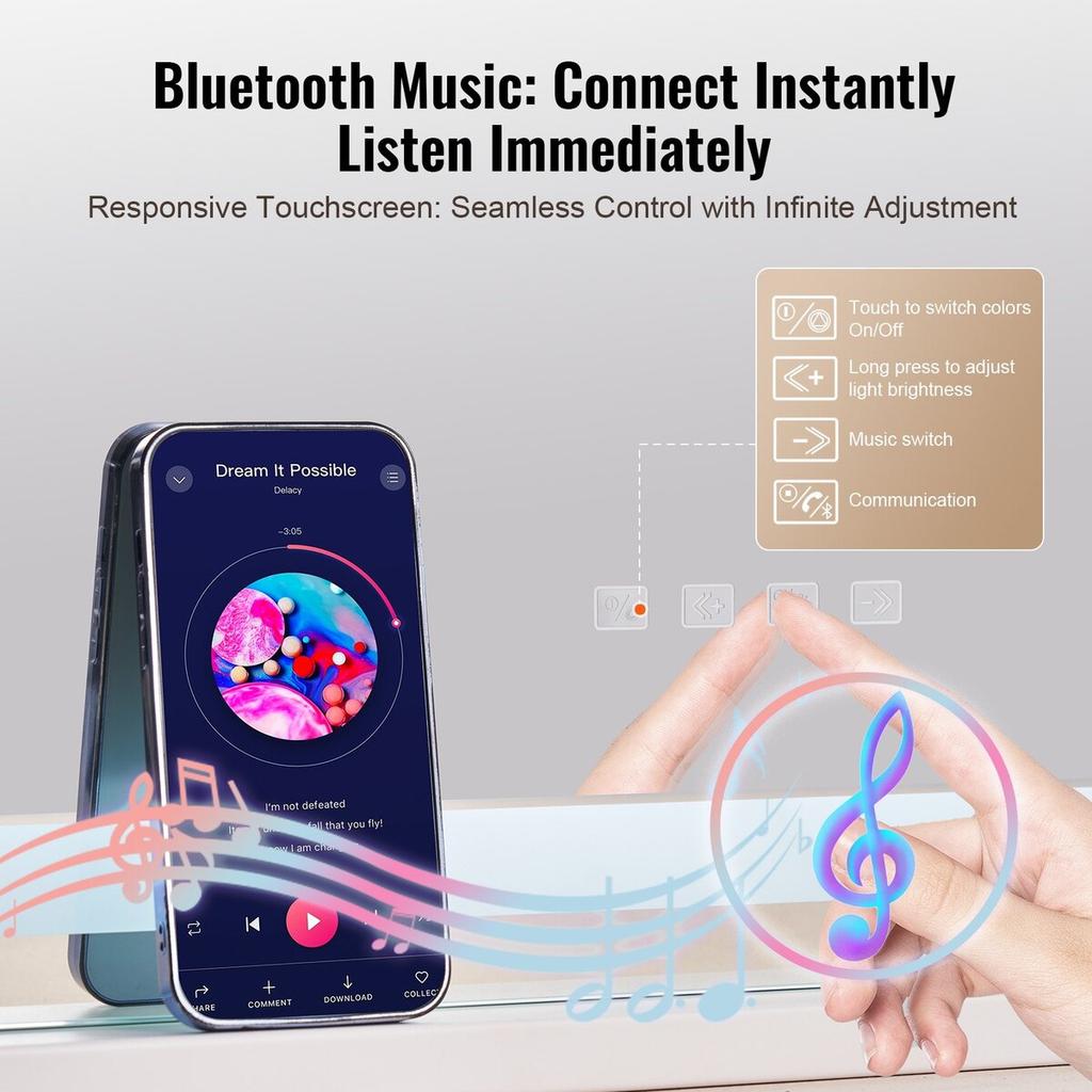 Lighted Makeup Mirror 3 Color w/ Bluetooth USB Desktop Wall-mount 21.7in