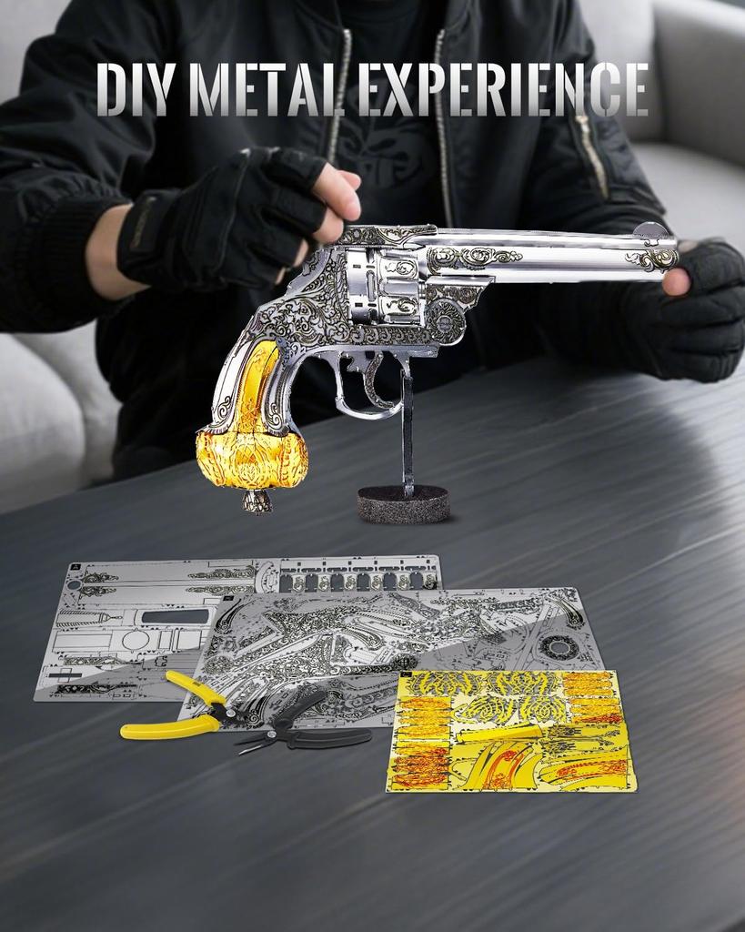 Piececool 3D Metal Assembly No Glue Puzzle, Revolver, Required, Required, 3-Star Difficulty, Intermediate/Adult