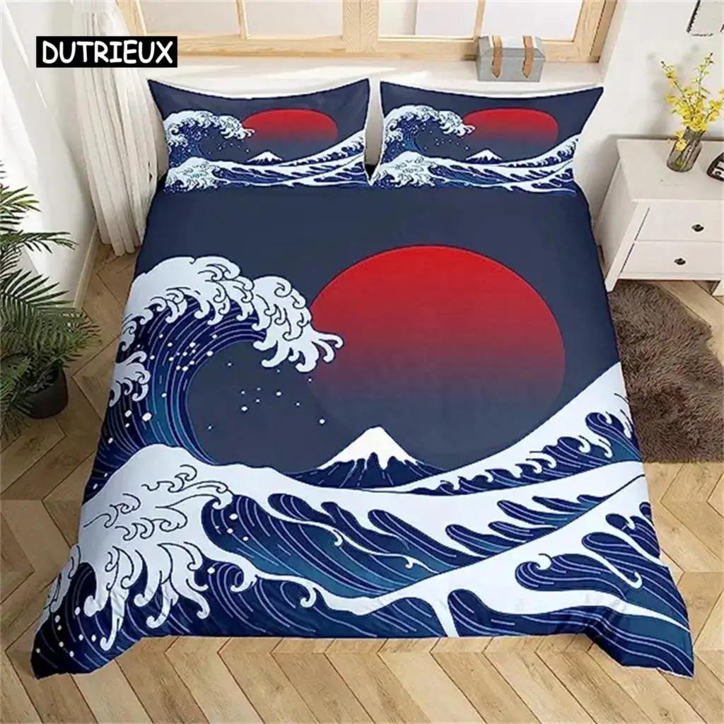Copripiumino in stile giapponese con onde del mare e dell'oceano, stile nautico, illustrazione disegnata a mano in stile giapponese, decorazione a tema Ukiyoe, blu e crema.