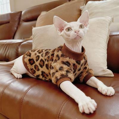 Colete de Lã Estampado de Leopardo com Gola Alta para Gatos Alemães Sem Pelos - Antiderramamento e Proteção Contra o Frio