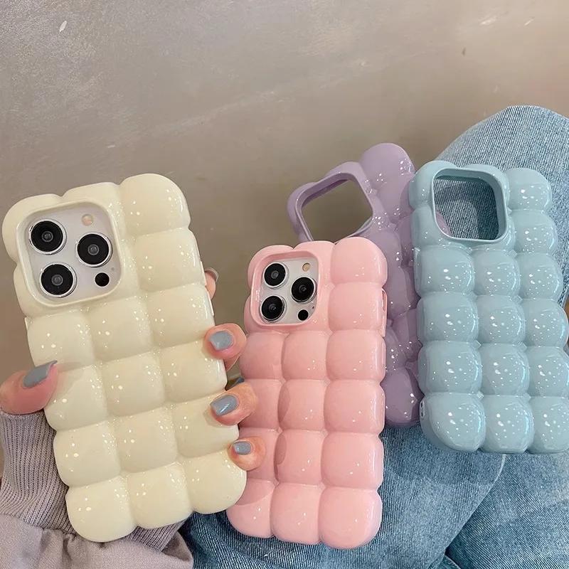 Cute Cartoon 3D Block Lattice Case for iPhone 15 14 13 16 Pro Max 12 11 Glossy Candy Solid Color Soft Silicone Shockproof Cover