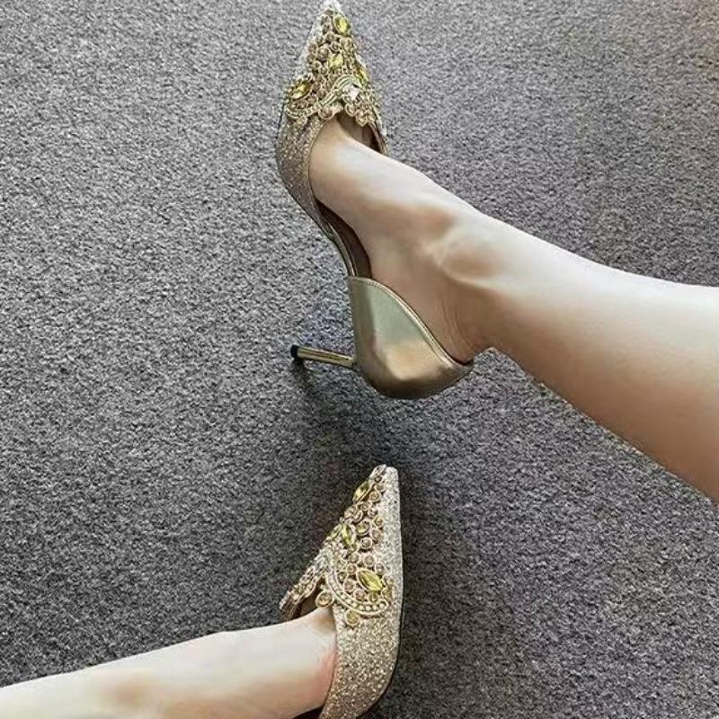 Fashion Thin Heel Shoes Spring New Style Pointed Head Shallow Mouth Crystal Set Foot Anti-slip Wear-resistant High Heels