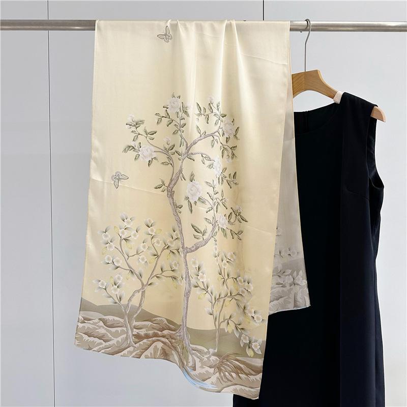 

Креп-сатин, простой длинный шелковый шарф с цветочным принтом, женский шелковый шарф 170cm