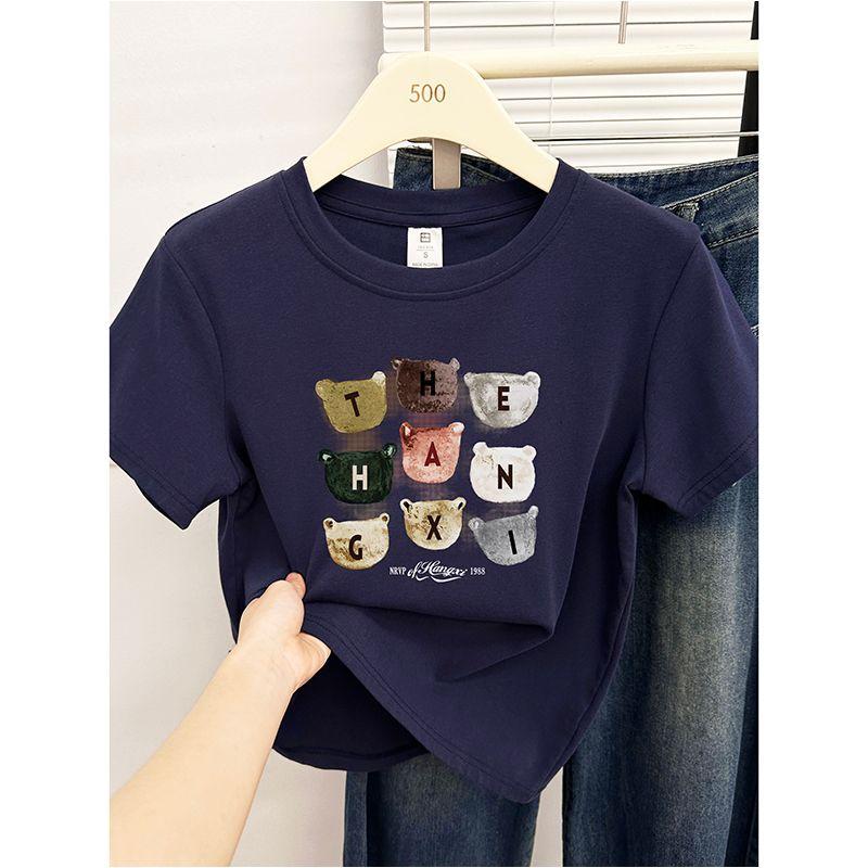 

2025 Summer Short-Sleeved T-shirt Female American Fashionable Popular All-Matching round Neck Shoulder Half-Sleeve T-shirt Tops Tide T51115 navy blue 2XL
