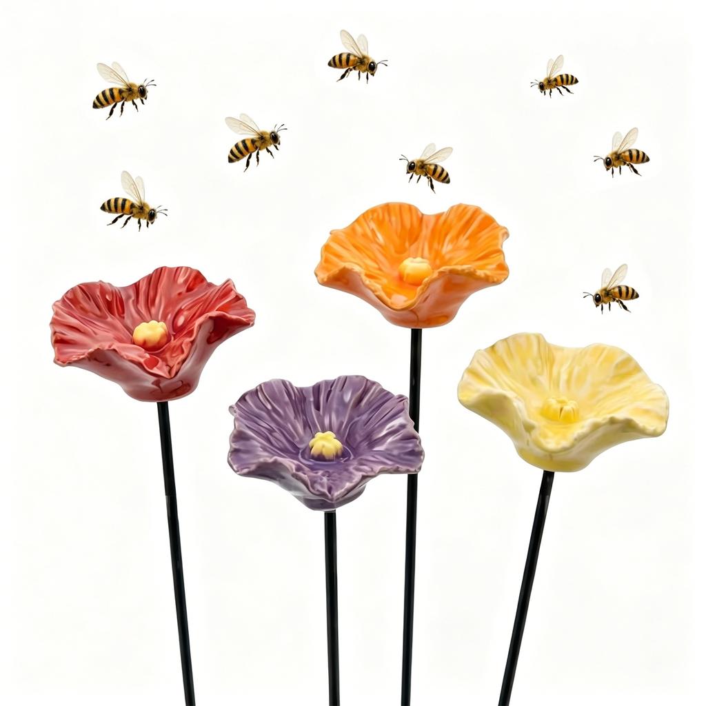 Set of 4 Resin Flower Garden Stakes with Bee and Hummingbird Water Feeders Outdoor Decorative Yard Accents for Garden and Patio