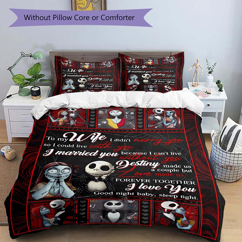 3pcs Jack and Sally To My Wife Bedding Set 1 Soft Quilt Cover + 2 Pillowcases, Machine Washable Suitable for All SeasonsF051