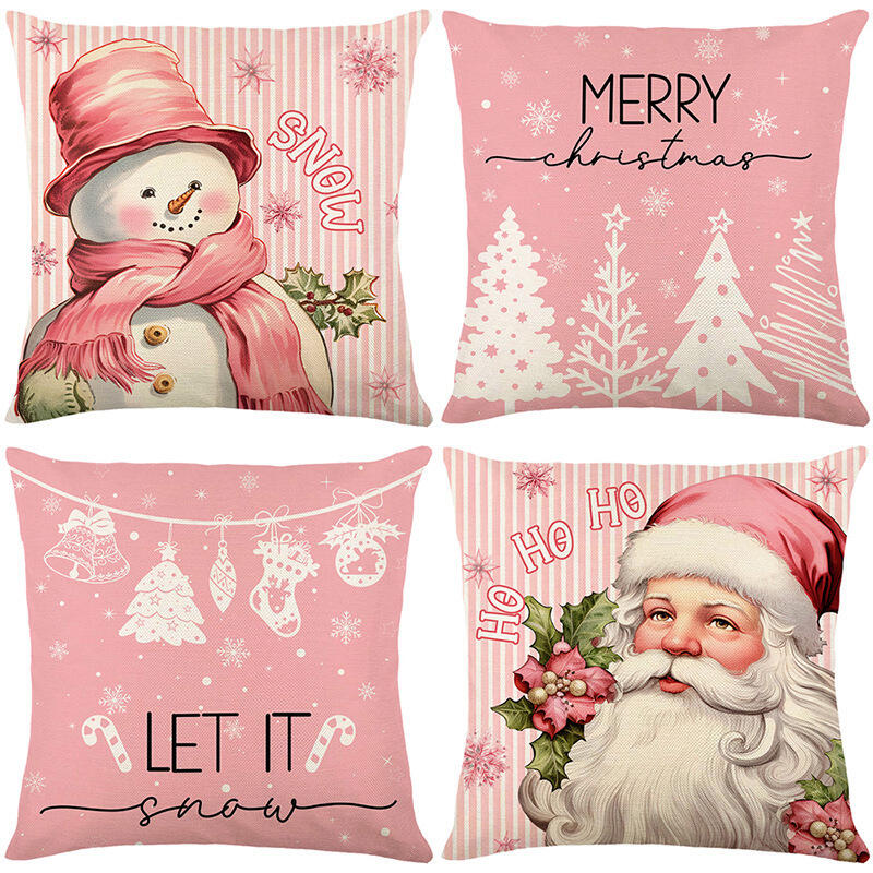 4 PC Reversible Christmas Pillow Covers Set - Santa Snowman Linen Blend Sofa Decor Festive Home Accents