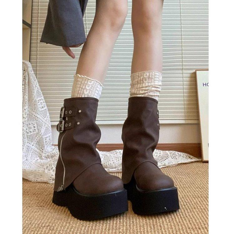 

Модные женские модные ботильоны в западном стиле на платформе и с голенищем, женские осенние коричневые ботильоны на массивном каблуке, ботфорты на толстой подошве до колена, ботильоны-рыцари 40