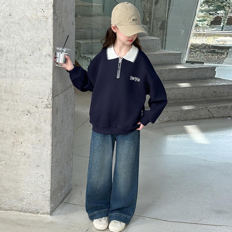 Autumn 2025 Girls' Sporty Polo and Jeans Two-Piece Set