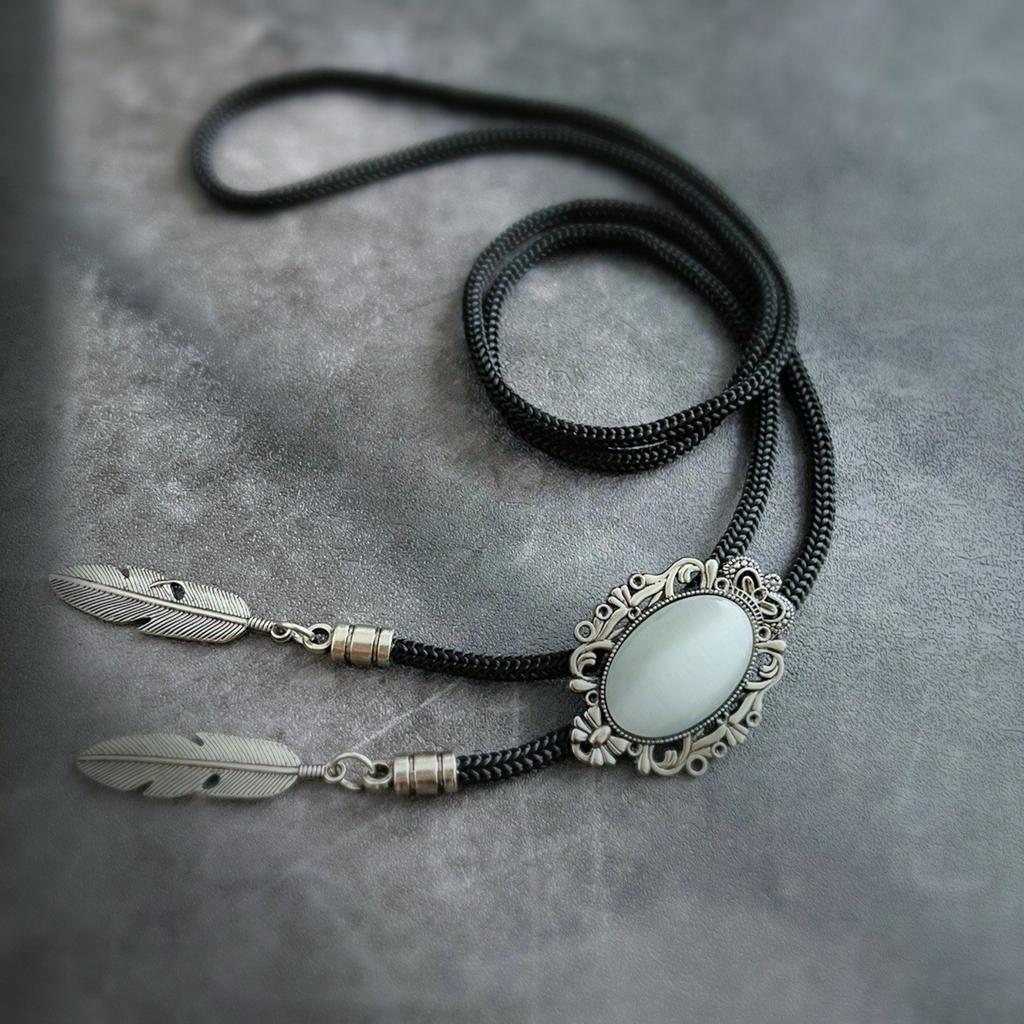 Men Vintage Bolo Tie Western Cowboy Antique Stone Feathered Pendant Shirt Collar Jewelry Braided Rope Necktie Neckwear