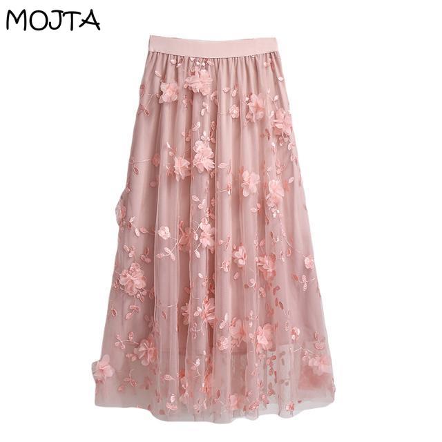 Herfst Winter Dames Hoge Taille Casual Lange Rok Kleding Mesh Kralen Mid-kuit Rokken Vrouw Lange Rokken Voor Dames