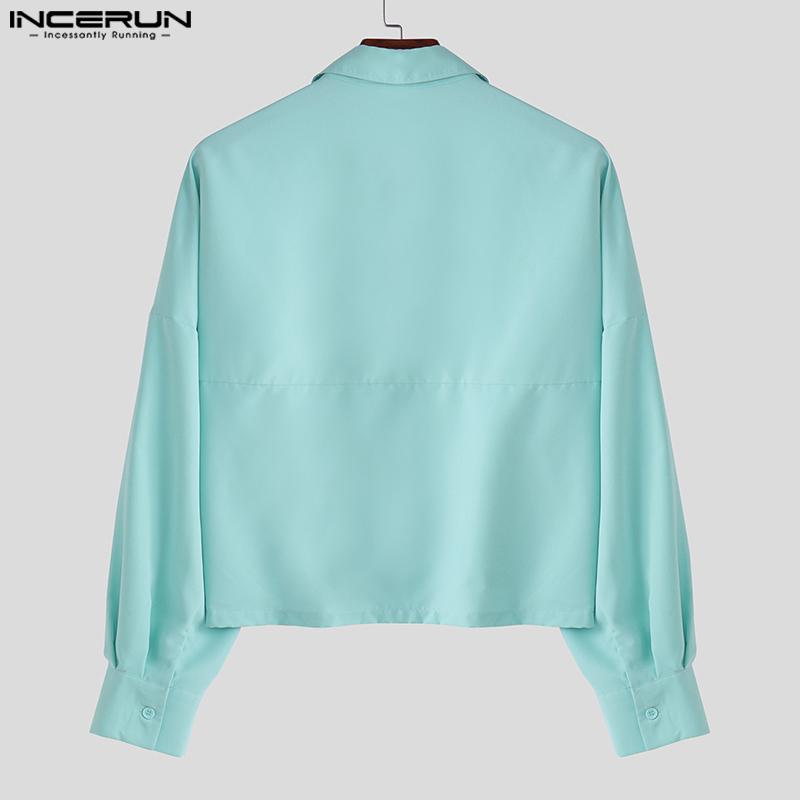 INCERUN Men Lapel Neck Long Sleeve Irregular Loose Short Cargo Shirts