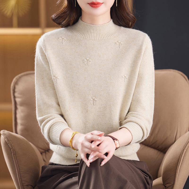 Women's Pure Wool Sweater - Thick Knit, Half-High Collar, Autumn/Winter Style for Middle-Aged & Elderly.