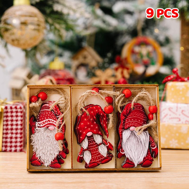 9/12PCS Wooden Christmas Decorations Set - Pure Wood Pendants Xmas Tree Ornaments