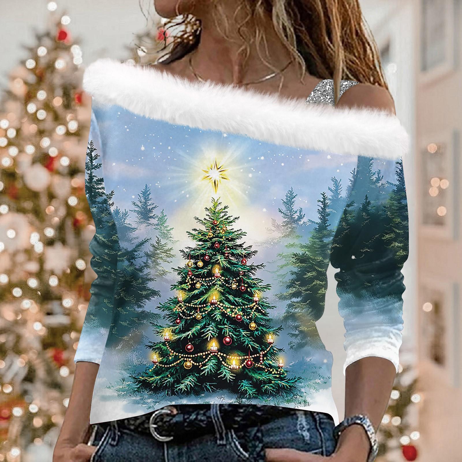 

Женские топы с длинными рукавами. Модные женские свободные пуловеры с открытыми плечами с рождественским принтом. L