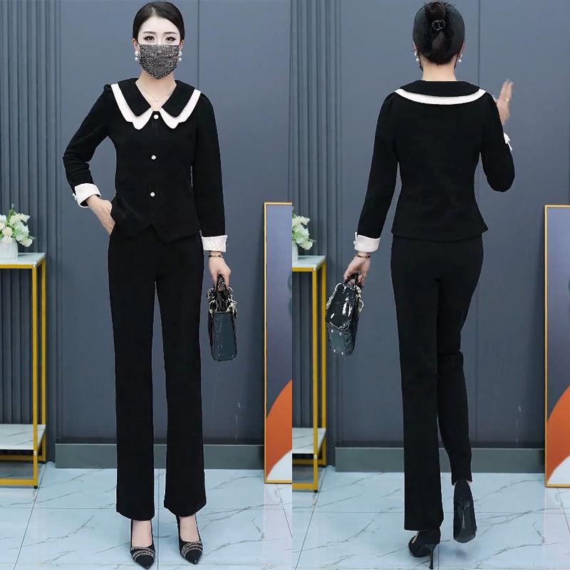 

Модный пэчворк-топ с кукольным воротником и комплект облегающих повседневных брюк для женщин - Весна/Осень 2025 L (for 100-115 jin)