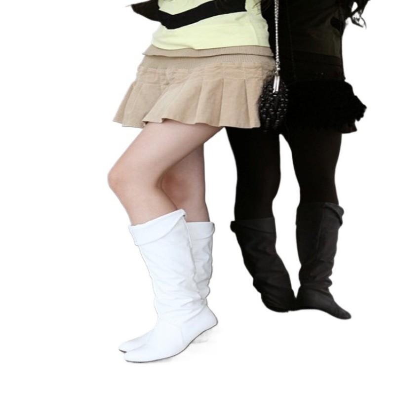 Womens Knee-High Flat Boots PU Leather Round Toe Casual Slip-On Size 34-47