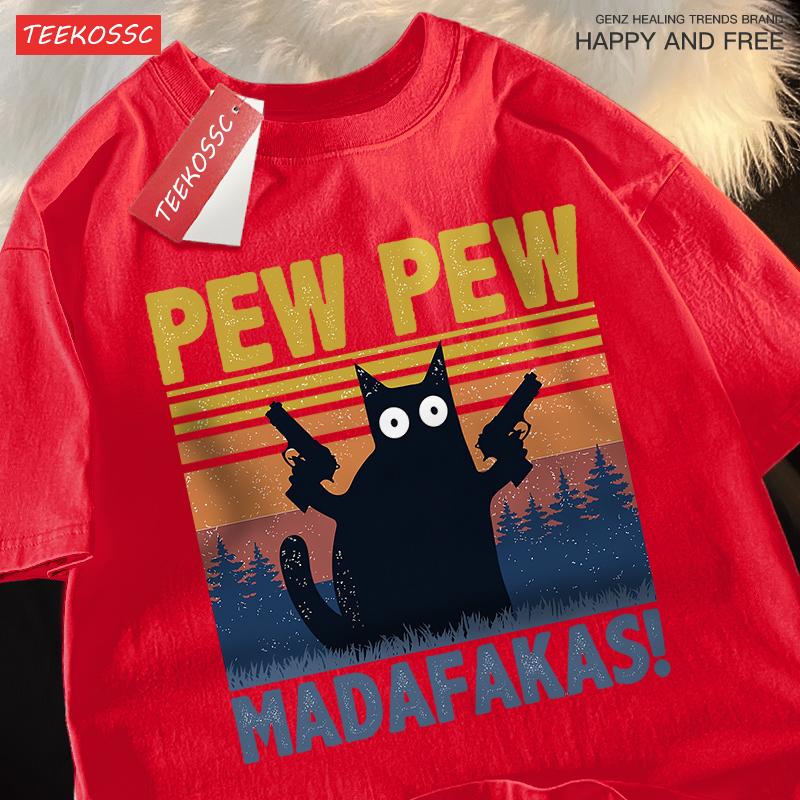 Pew Pew Madafakas Doppelpistole Katze Kurzarm Übergroße Atmungsaktive T-Shirts Baumwolle Sommerkleidung Street Casual T-Shirt Männer