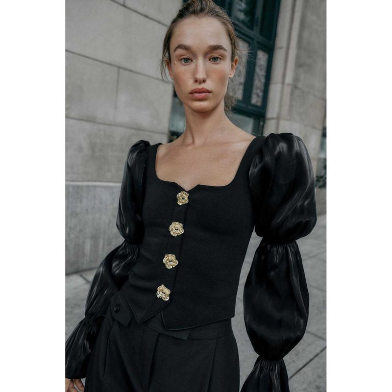 Za Autumn New Arrivals Women's Clothing Zr European and American Style Fashion Button Patchwork Stretch Slim Fit Top 5584218