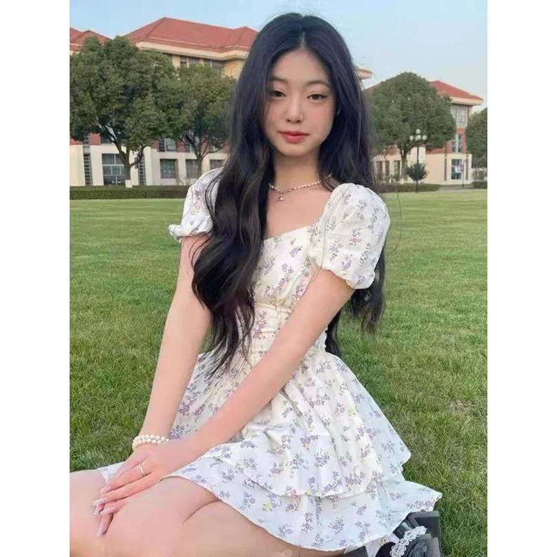 Preppy Style Dresses for Women Lovely Girls Fashion Floral Design Mini Sweet Chic Korean Young Summer Clothing All-match Casual