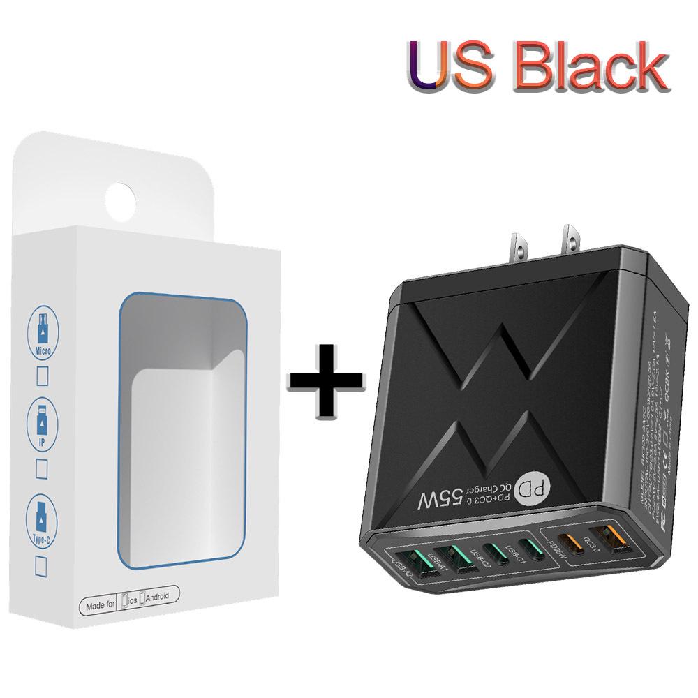 55W QC 3.0 Six-Port Fast Mobile Charger with PD, USB Ports, EU/US/UK Compatibility