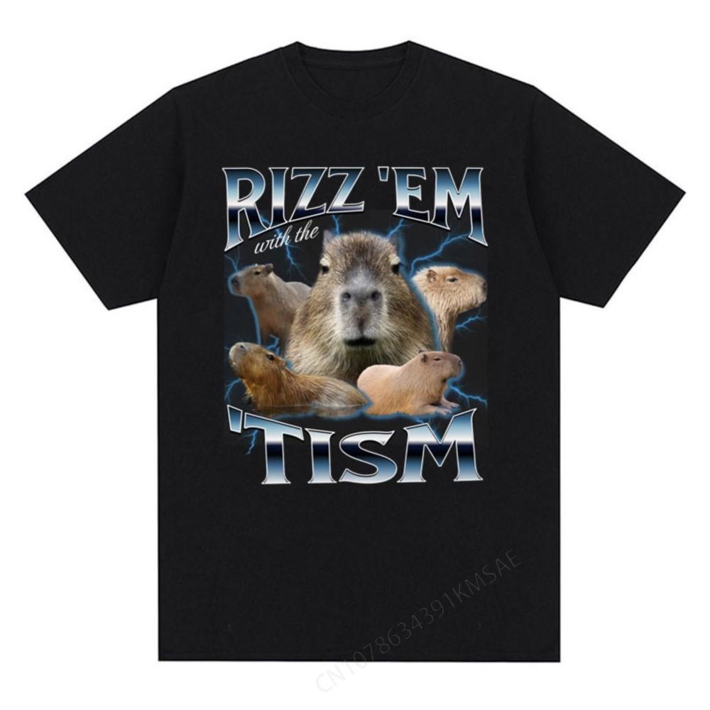Rizz Em with The Tism Retro T Shirt Funny Cute Kawaii Capybara Meme T-shirt Men Women Vintage O