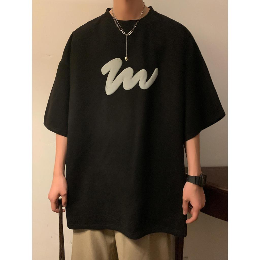 Mens Summer Latest American Five-quarter Sleeve T-shirt Comfortable Fit Trend Versatile Half-sleeve Crew Neck T-shirt