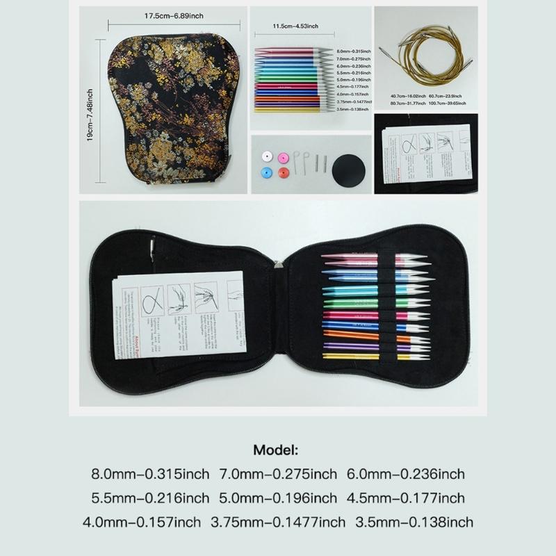 9Pairs Interchangeable Aluminum Circular Knitting Needle with Case Ergonomic Grip for Weaving Yarns Craft 3.5mm-8.0mm